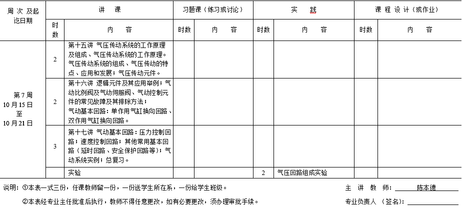 液压与气动技术教学日历（单周）